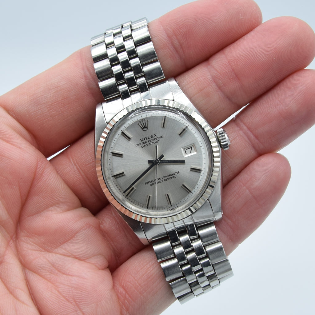 1970 Sharp Rolex Oyster Perpetual Datejust with White Gold Fluted Beze Antique Watch Co