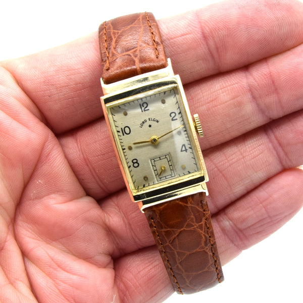 1940-46 Lord Elgin High Grade 21Jewels solid 14k Gold Deco Rectangular Wristwatch with Box