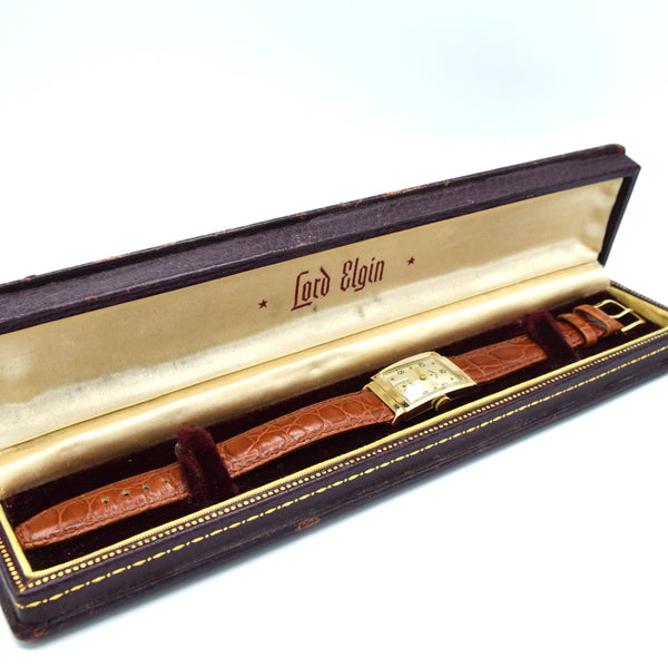 1940-46 Lord Elgin High Grade 21Jewels solid 14k Gold Deco Rectangular Wristwatch with Box
