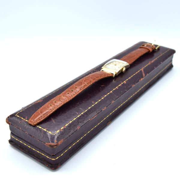 1940-46 Lord Elgin High Grade 21Jewels solid 14k Gold Deco Rectangular Wristwatch with Box