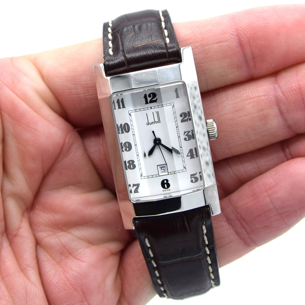 1990s Alfred Dunhill 'Facet' swiss quartz Date Wristwatch with White Dial on leather + Buckle