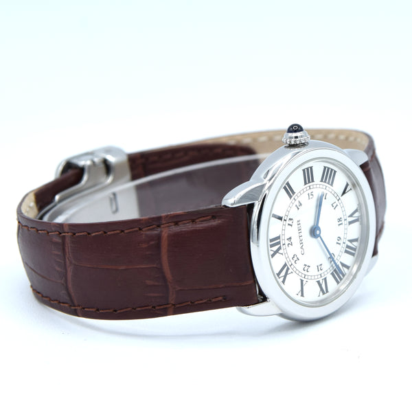 2015 Cartier 29mm Ronde Solo de 2933 - with white Roman Numeral Dial in stainless steel on deployment
