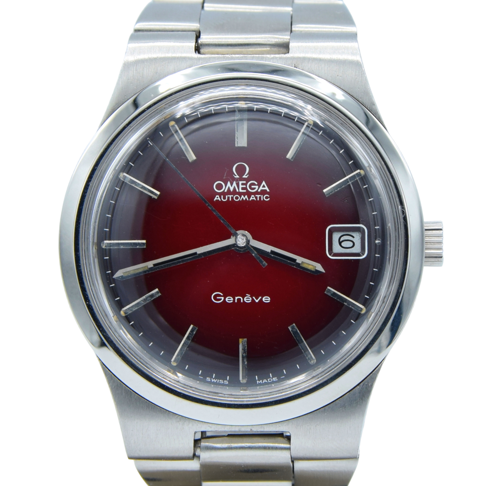 1975 Omega Genève Automatic Date Stainless Steel  bracelet watch Model 166.0173 with Original 'Fume Red' Dial
