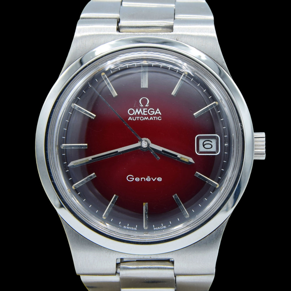 1975 Omega Genève Automatic Date Stainless Steel  bracelet watch Model 166.0173 with Original 'Fume Red' Dial