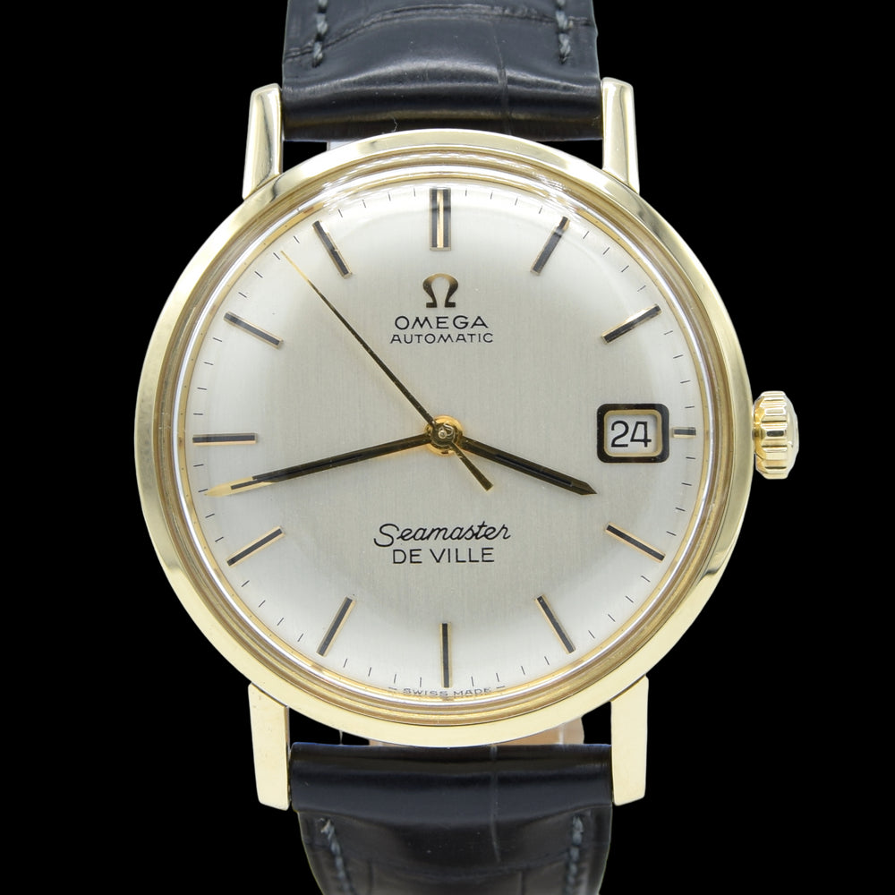 (RESERVED)1963 Omega Automatic Seamaster De Ville Date Model 166.020 in Solid 14ct Gold with omega box with Box