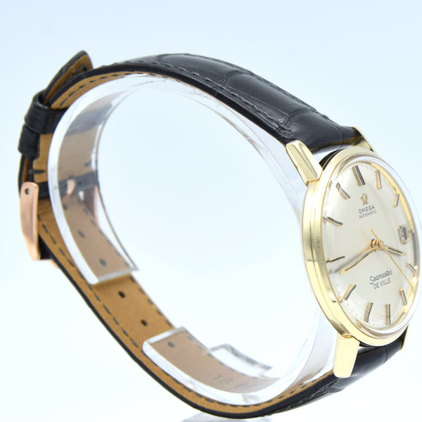 (RESERVED)1963 Omega Automatic Seamaster De Ville Date Model 166.020 in Solid 14ct Gold with omega box with Box