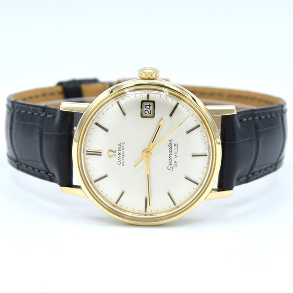 (RESERVED)1963 Omega Automatic Seamaster De Ville Date Model 166.020 in Solid 14ct Gold with omega box with Box