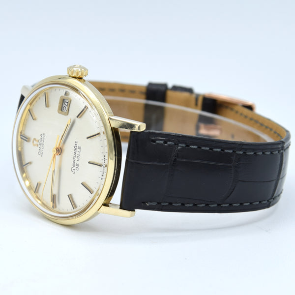 (RESERVED)1963 Omega Automatic Seamaster De Ville Date Model 166.020 in Solid 14ct Gold with omega box with Box