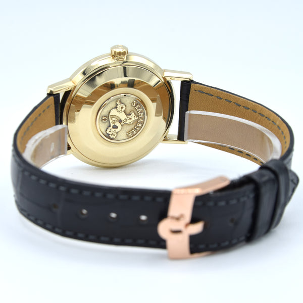 (RESERVED)1963 Omega Automatic Seamaster De Ville Date Model 166.020 in Solid 14ct Gold with omega box with Box