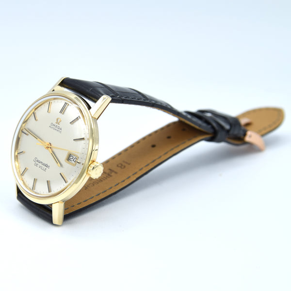 (RESERVED)1963 Omega Automatic Seamaster De Ville Date Model 166.020 in Solid 14ct Gold with omega box with Box