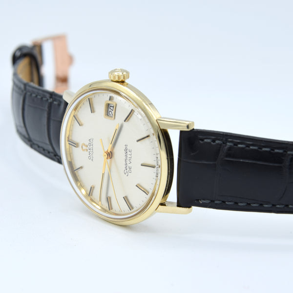 (RESERVED)1963 Omega Automatic Seamaster De Ville Date Model 166.020 in Solid 14ct Gold with omega box with Box