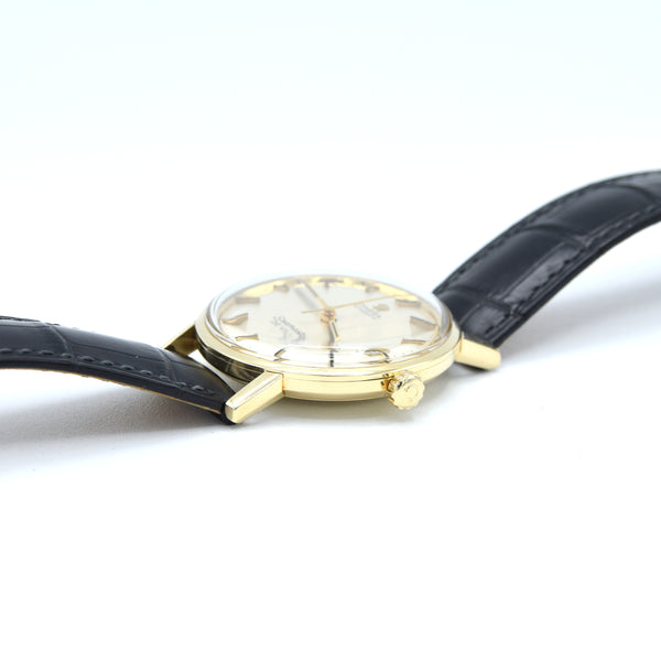 (RESERVED)1963 Omega Automatic Seamaster De Ville Date Model 166.020 in Solid 14ct Gold with omega box with Box