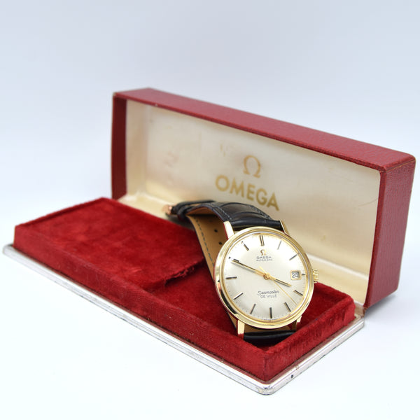 (RESERVED)1963 Omega Automatic Seamaster De Ville Date Model 166.020 in Solid 14ct Gold with omega box with Box