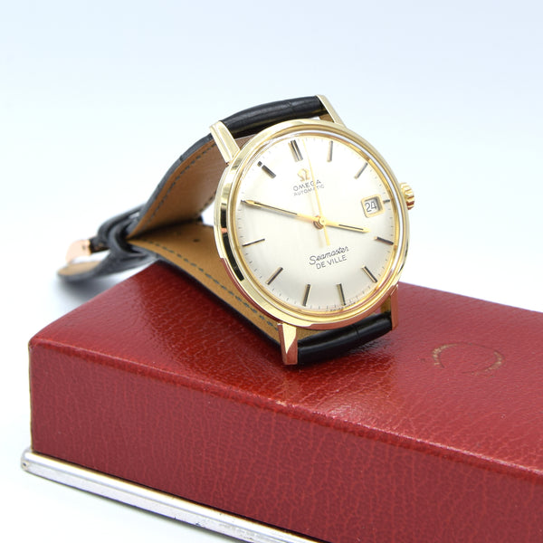 (RESERVED)1963 Omega Automatic Seamaster De Ville Date Model 166.020 in Solid 14ct Gold with omega box with Box