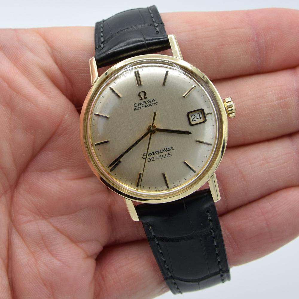 (RESERVED)1963 Omega Automatic Seamaster De Ville Date Model 166.020 in Solid 14ct Gold with omega box with Box