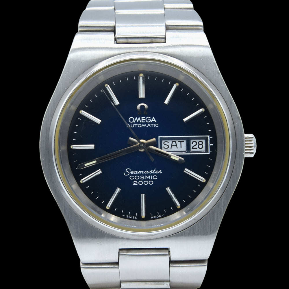 1975 Large Seamaster Cosmic 2000 Automatic Date Date Model 166.136 blue gloss dial Dial on Bracelet