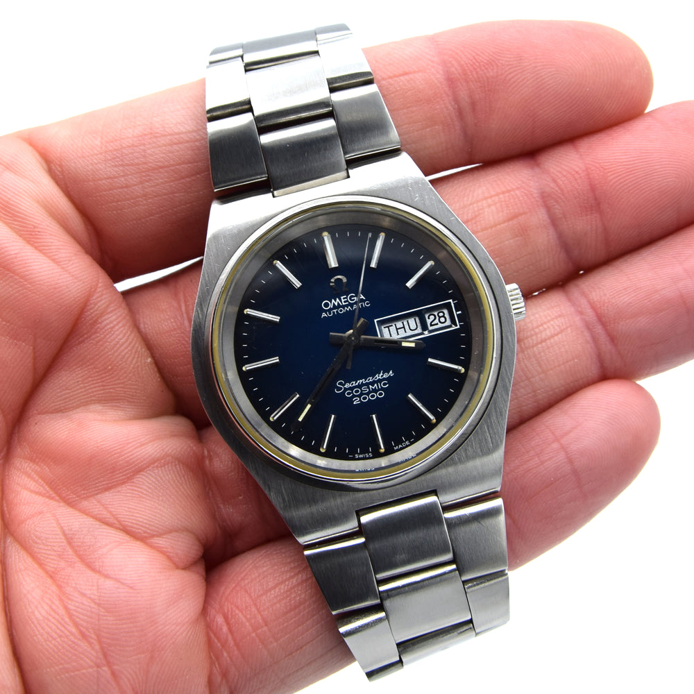 1975 Large Seamaster Cosmic 2000 Automatic Date Date Model 166.136 blue gloss dial Dial on Bracelet
