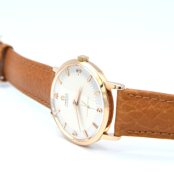 1958 Elegant Omega Automatic Dress Watch with stunning two tone Dial Model 2897 in 18k pink gold