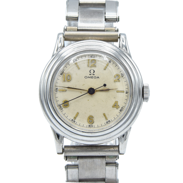 1934 Rare Omega Calatrava style stepped bezel watch in Stainless Steel on period Bracelet