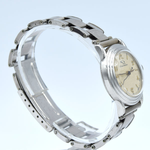 1934 Rare Omega Calatrava style stepped bezel watch in Stainless Steel on period Bracelet
