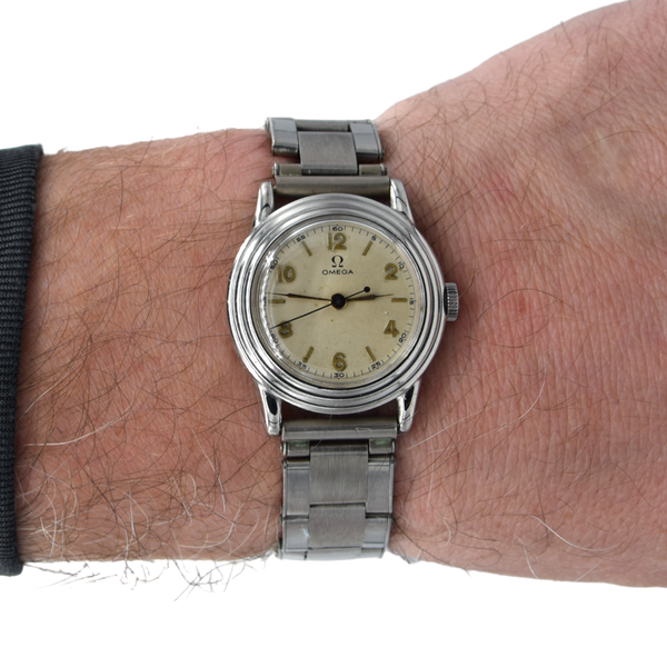 1934 Rare Omega Calatrava style stepped bezel watch in Stainless Steel on period Bracelet