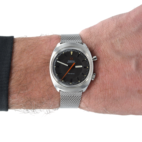 (RESERVED)1967 Omega Chronostop Genéve Mk1 Model 145.009 with Grey Sloped Dial in Stainless Steel on mesh