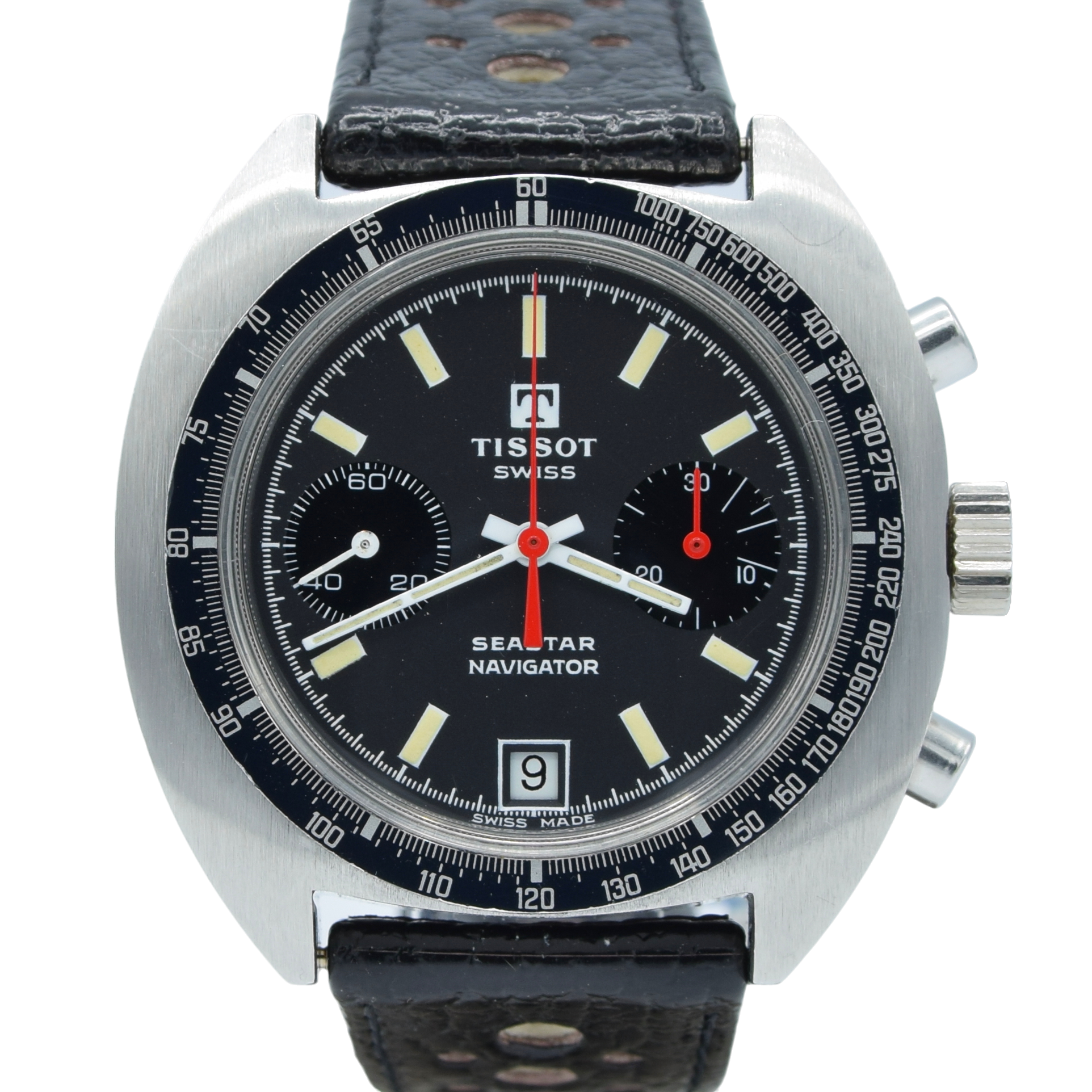 1974 Tissot Seastar Navigator Chronograph Wristwatch Model 40522 in Stainless Steel with Stunning Graphite grey Dial