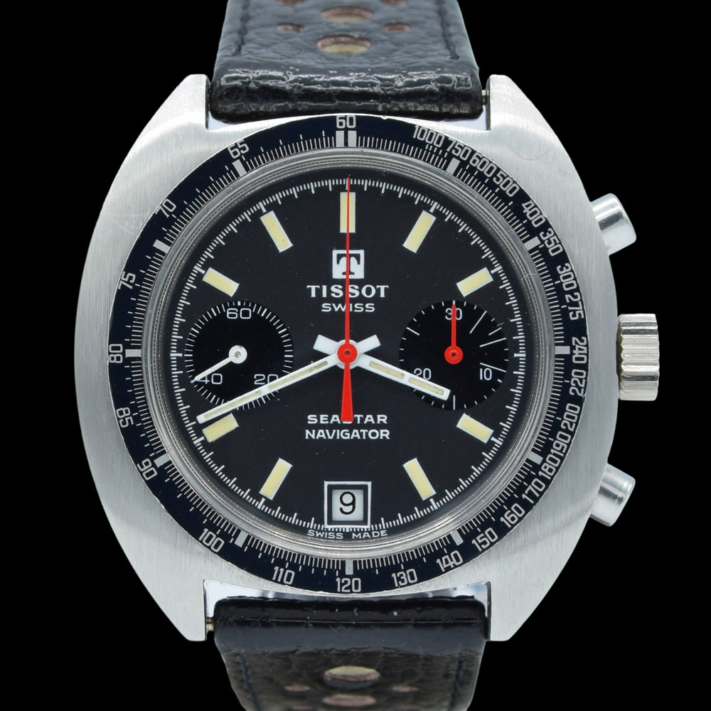 1974 Tissot Seastar Navigator Chronograph Wristwatch Model 40522 in Stainless Steel with Stunning Graphite grey Dial