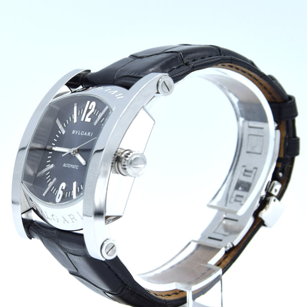 Bvlgari Assioma in Steel on Black Alligator Leather Strap with Blue Dial AA48S box & papers