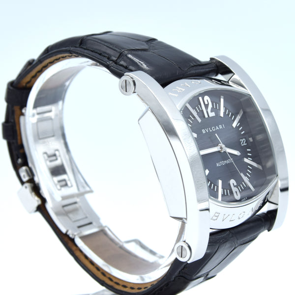 Bvlgari Assioma in Steel on Black Alligator Leather Strap with Blue Dial AA48S box & papers