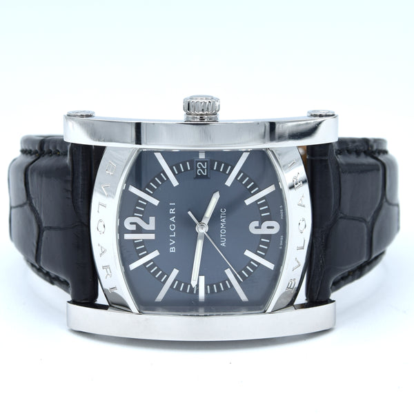 Bvlgari Assioma in Steel on Black Alligator Leather Strap with Blue Dial AA48S box & papers