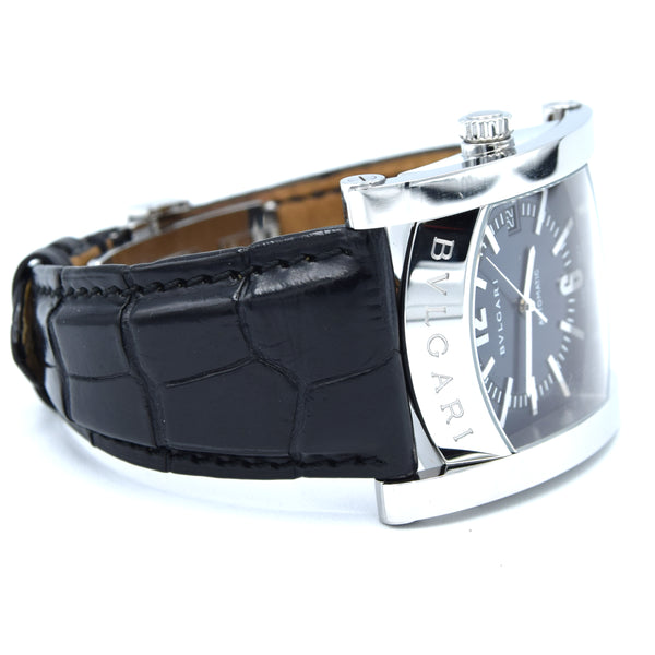Bvlgari Assioma in Steel on Black Alligator Leather Strap with Blue Dial AA48S box & papers