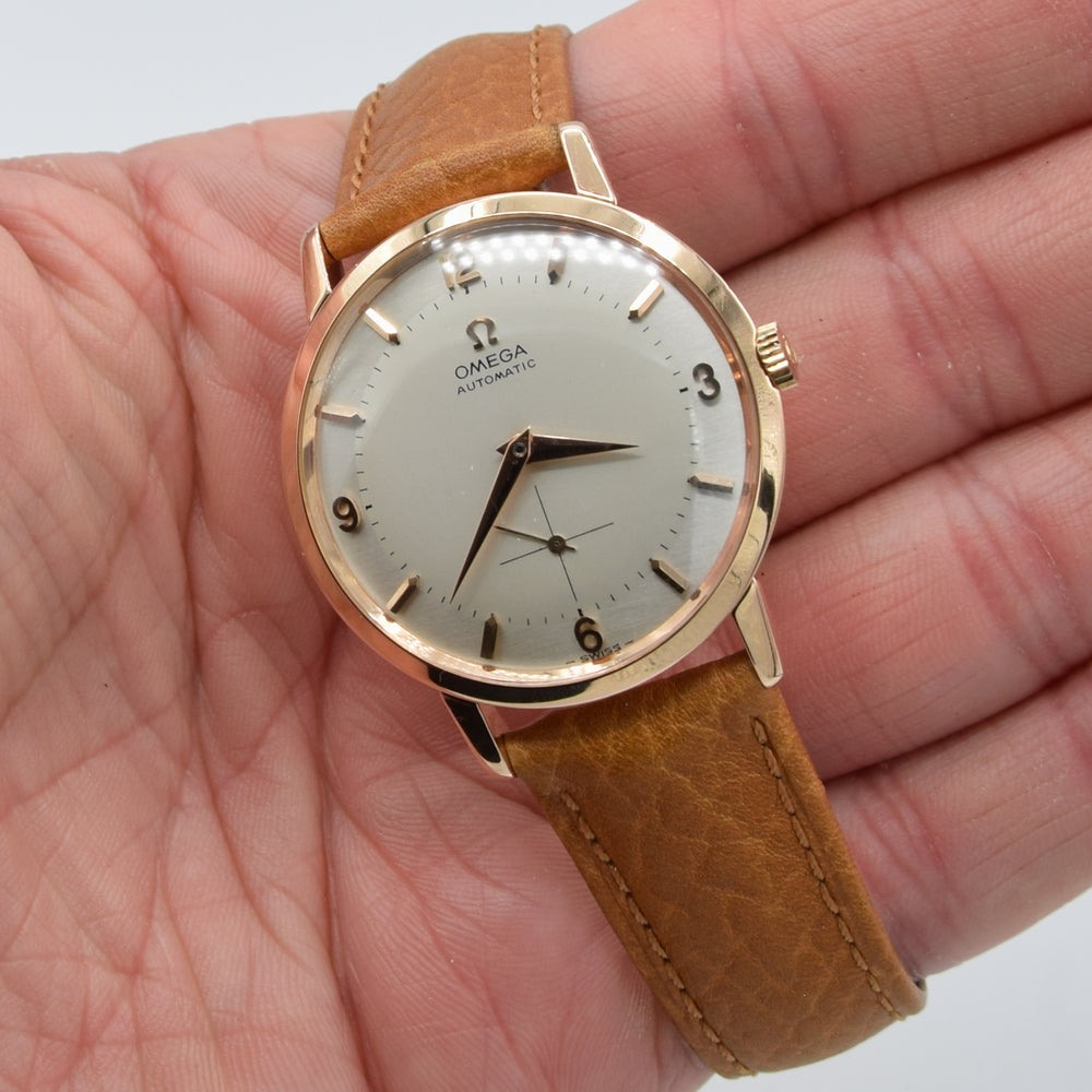 1958 Elegant Omega Automatic Dress Watch with stunning two tone Dial Model 2897 in 18k pink gold