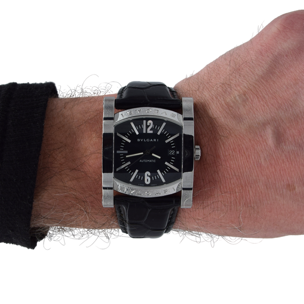 Bvlgari Assioma in Steel on Black Alligator Leather Strap with Blue Dial AA48S box & papers