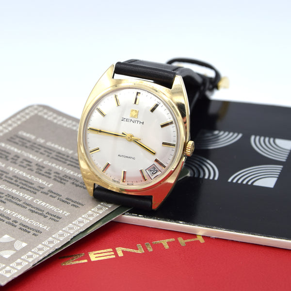 1972-73 Zenith solid 9ct gold Automatic Date 28800 Model S2078 Box - buckle - booklets