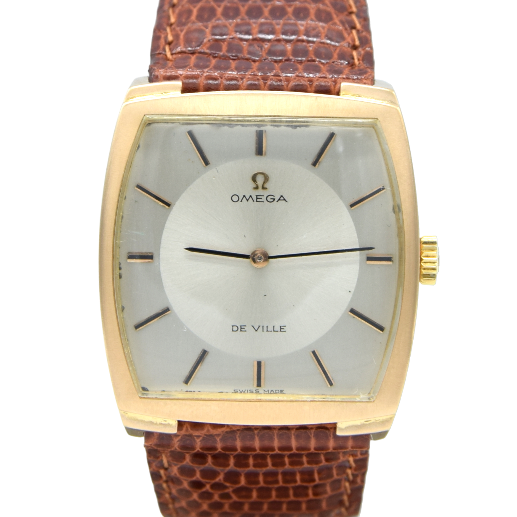 1968 Omega De Ville Unusual solid 18k Gold Tonneau Wristwatch Model 111.084 with sunbeam dial