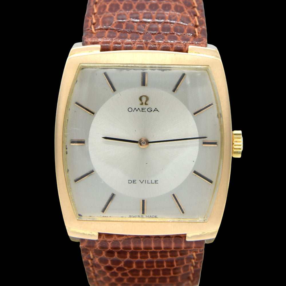 1968 Omega De Ville Unusual solid 18k Gold Tonneau Wristwatch Model 111.084 with sunbeam dial