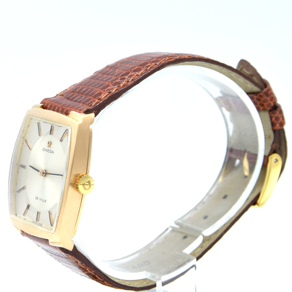 1968 Omega De Ville Unusual solid 18k Gold Tonneau Wristwatch Model 111.084 with sunbeam dial