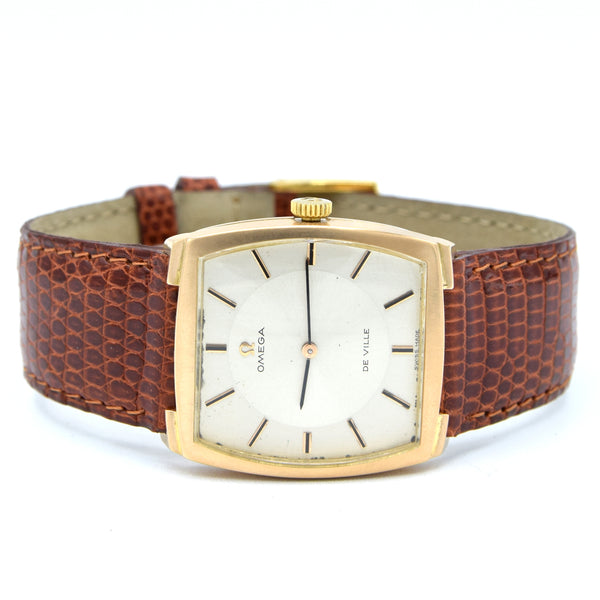 1968 Omega De Ville Unusual solid 18k Gold Tonneau Wristwatch Model 111.084 with sunbeam dial