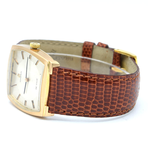 1968 Omega De Ville Unusual solid 18k Gold Tonneau Wristwatch Model 111.084 with sunbeam dial