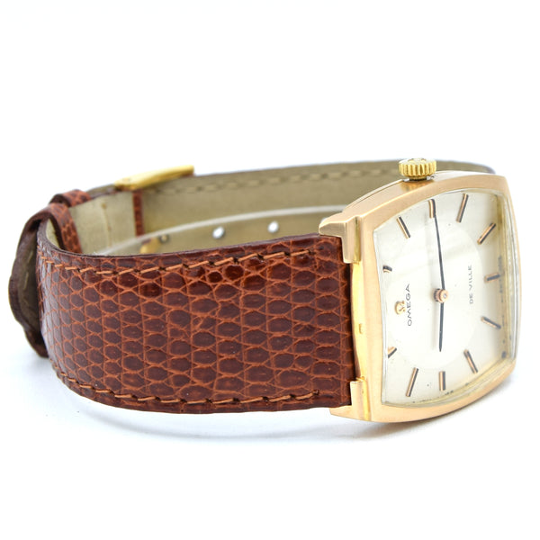 1968 Omega De Ville Unusual solid 18k Gold Tonneau Wristwatch Model 111.084 with sunbeam dial