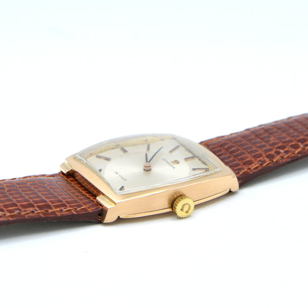 1968 Omega De Ville Unusual solid 18k Gold Tonneau Wristwatch Model 111.084 with sunbeam dial
