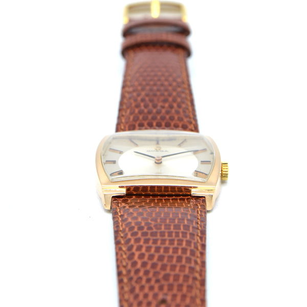 1968 Omega De Ville Unusual solid 18k Gold Tonneau Wristwatch Model 111.084 with sunbeam dial