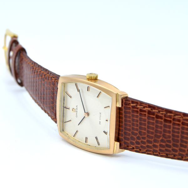 1968 Omega De Ville Unusual solid 18k Gold Tonneau Wristwatch Model 111.084 with sunbeam dial