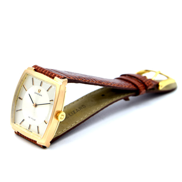 1968 Omega De Ville Unusual solid 18k Gold Tonneau Wristwatch Model 111.084 with sunbeam dial