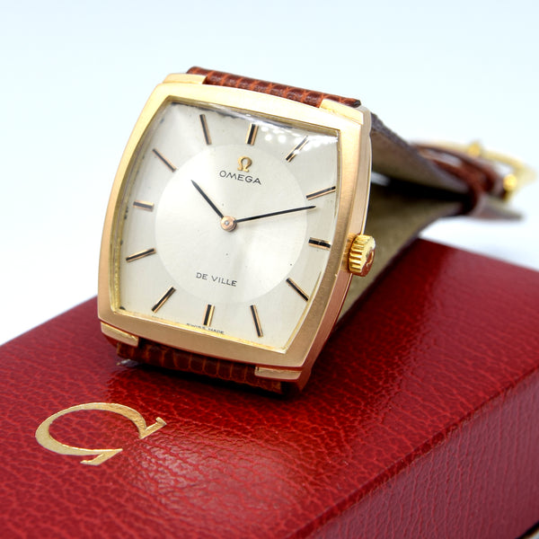 1968 Omega De Ville Unusual solid 18k Gold Tonneau Wristwatch Model 111.084 with sunbeam dial