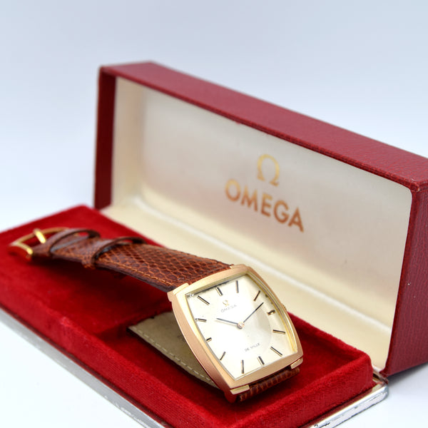 1968 Omega De Ville Unusual solid 18k Gold Tonneau Wristwatch Model 111.084 with sunbeam dial