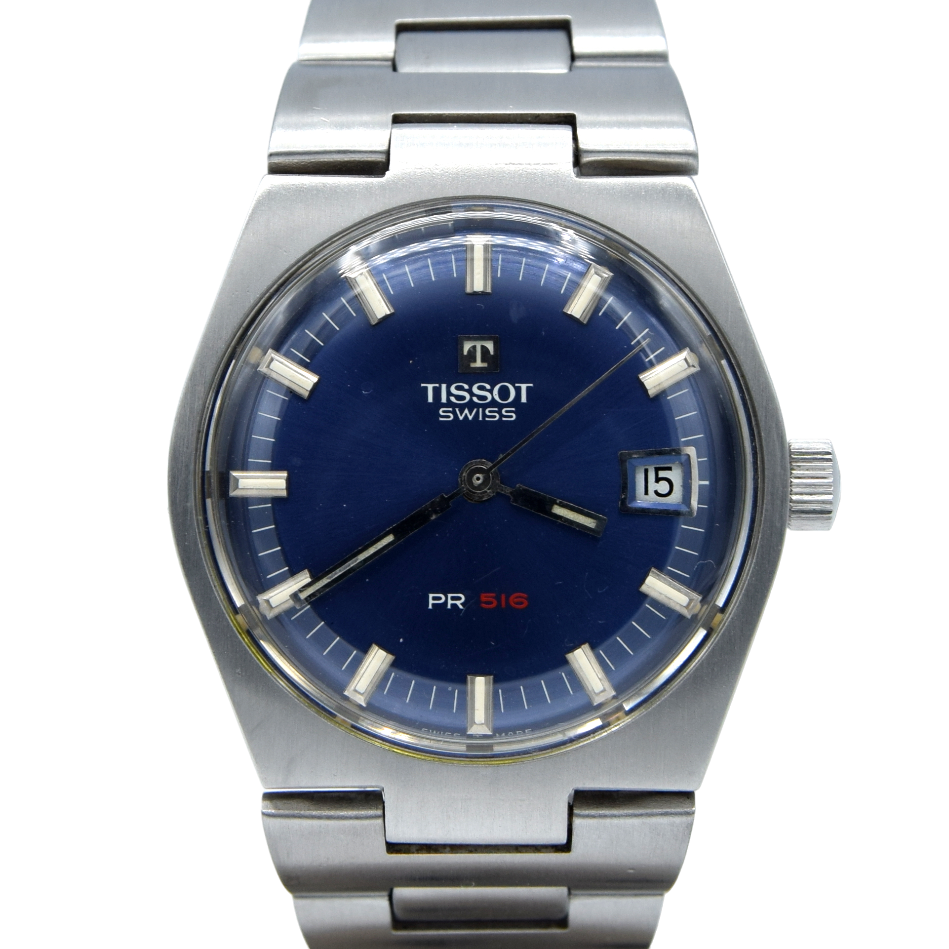 1972 Tissot PR516 Date Wristwatch Model 42630 in Stainless Steel with beautiful satin Blue Dial