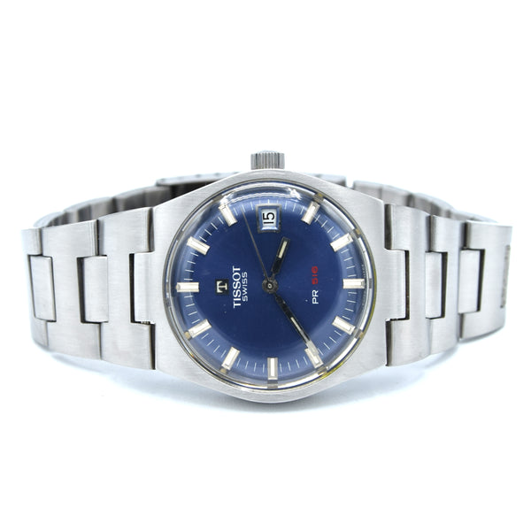 1972 Tissot PR516 Date Wristwatch Model 42630 in Stainless Steel with beautiful satin Blue Dial