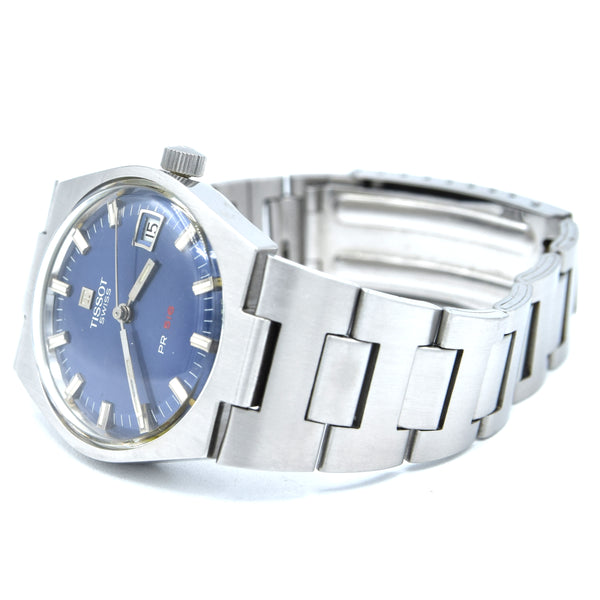 1972 Tissot PR516 Date Wristwatch Model 42630 in Stainless Steel with beautiful satin Blue Dial